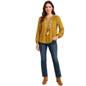 Mason‎ & Belle Mustard Floral Embroidered Peasant Blouse Size M